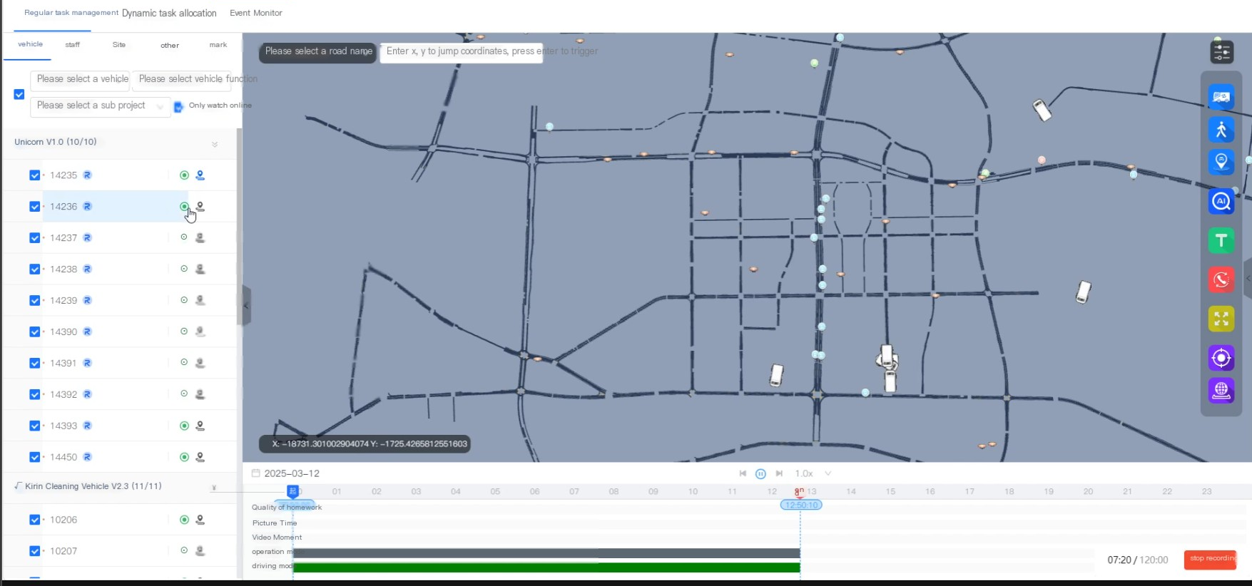 Real-time management interface with task allocation, map view, and timeline controls